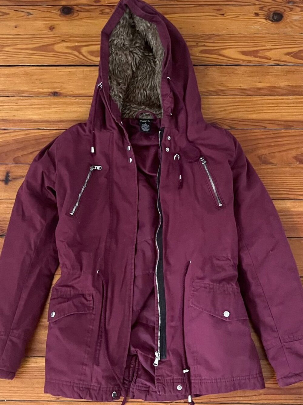 Faux Fur Lined Hooded Jacket Burgundy - Size S